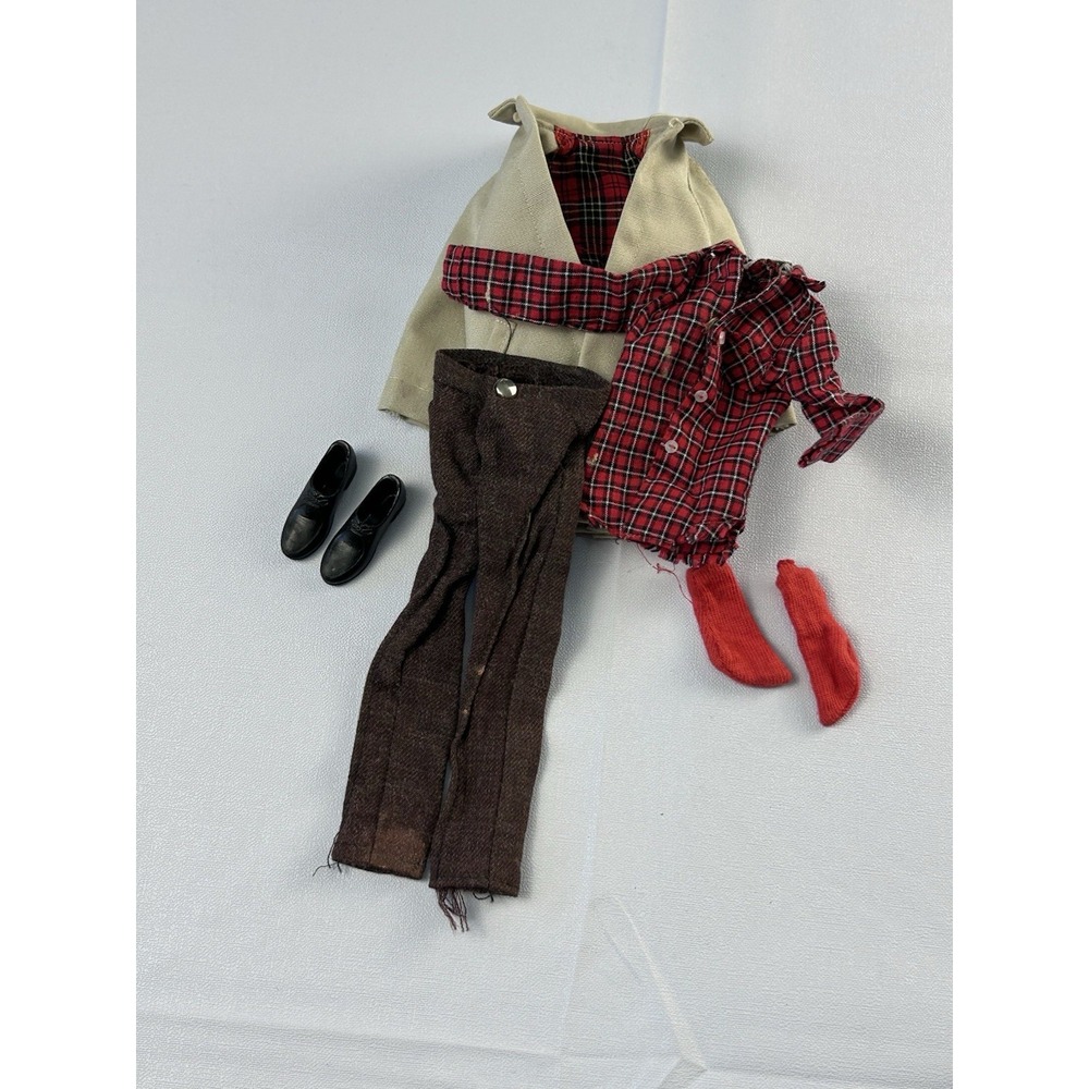 Vintage Ken Outfit Plaid Shirt Tan Coat Brown Pants Socks Shoes Mod 1960s